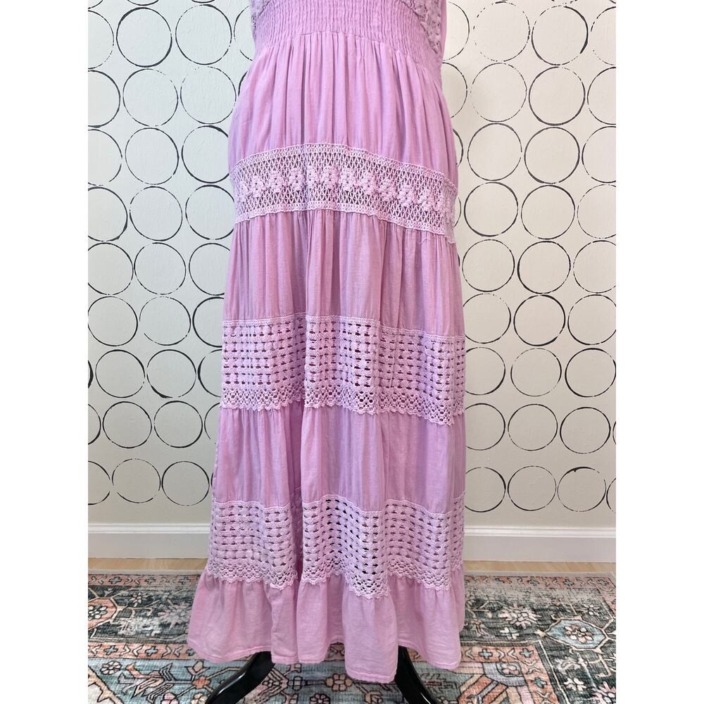 Crochet Tiered Maxi Dress Womens L Pink Purple Cottage Boho Romantic Cotton - Picture 8 of 15